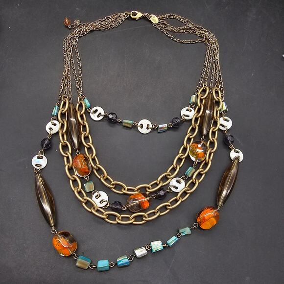 Lia Sophia St Lucia Multicolor Layered Bib Necklace Statement Orange Chain - Picture 3 of 8